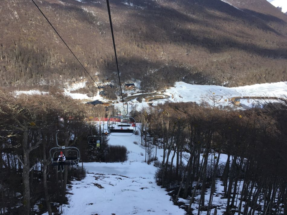 View from the chairlift down to the entrance of the Cerro Castor ski resort