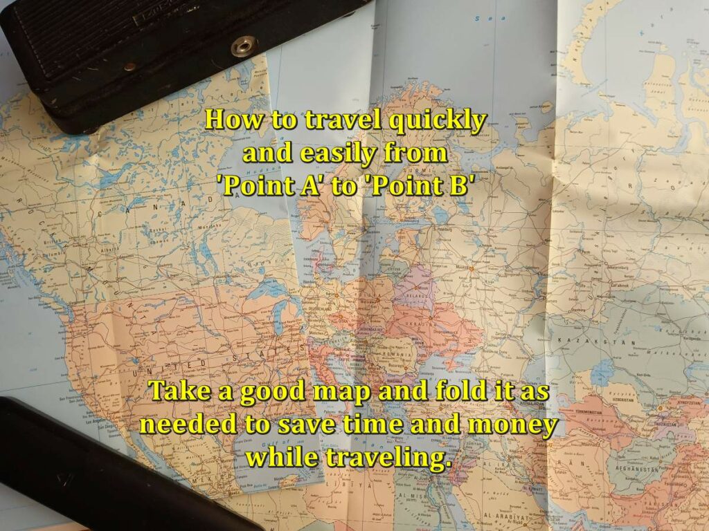 A world map, folded as needed to find the shortest route from 'point A' to 'point B'.